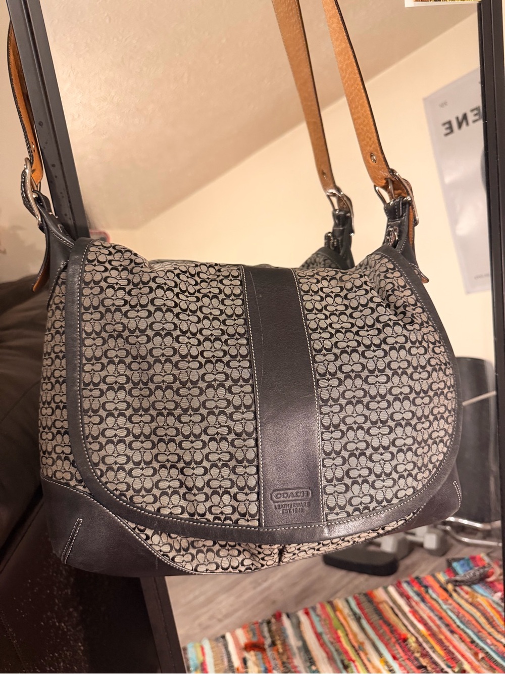 Coach Signature Canvas Crossbody Flap Messenger Bag in Black/Grey